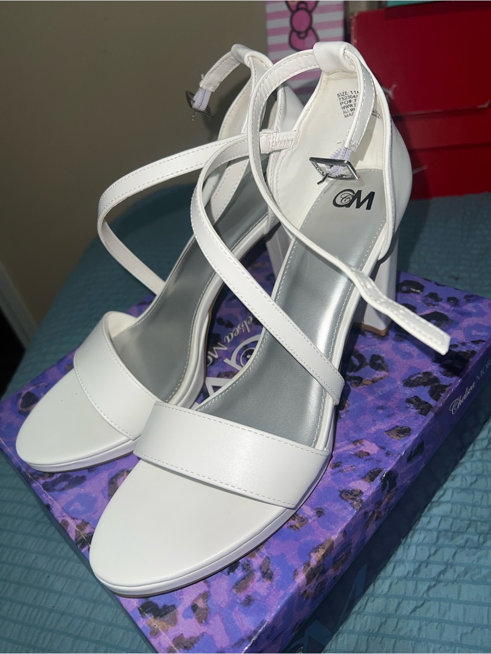 Elegant White Strappy Mid Block Heels